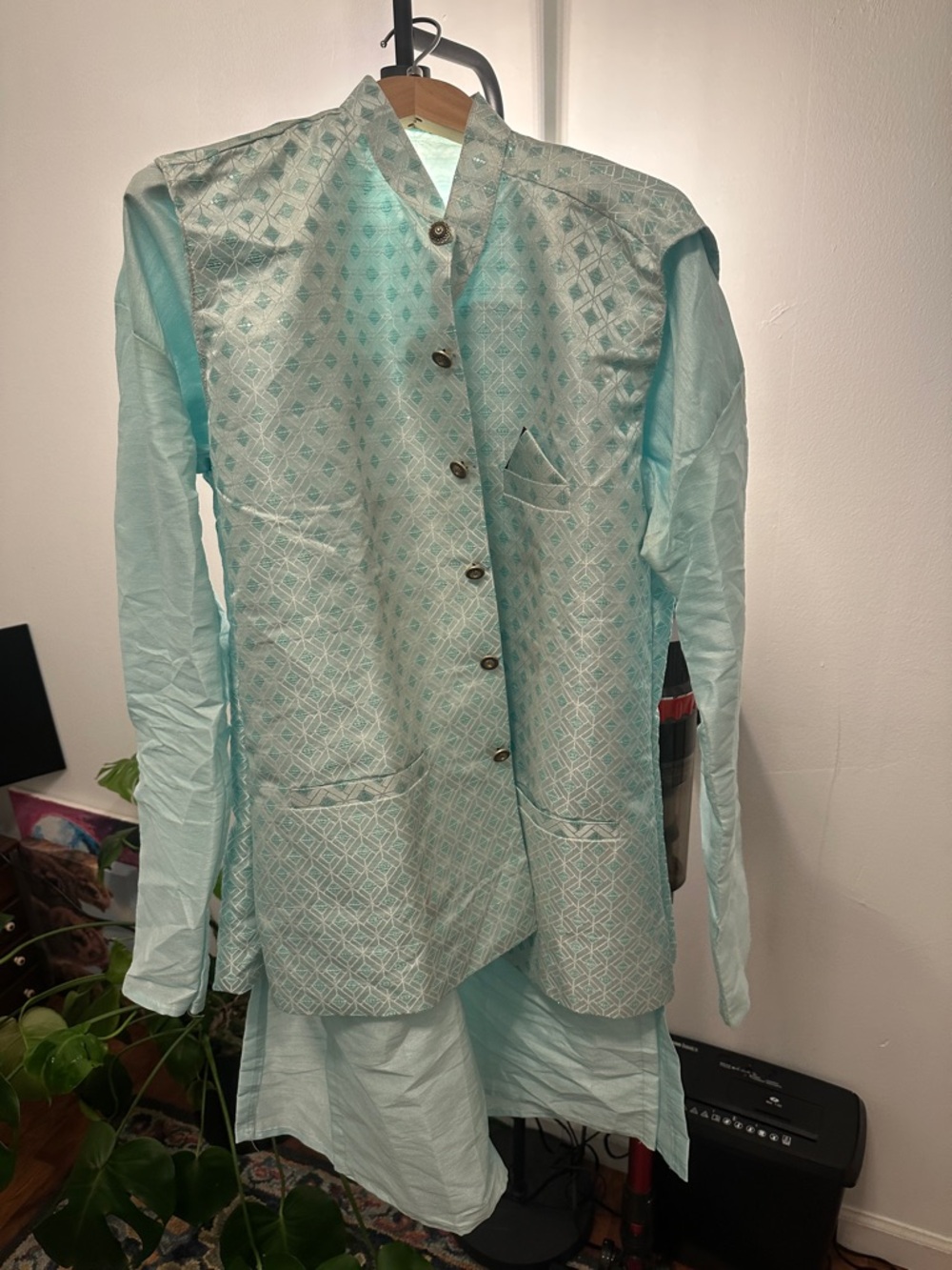 Men's Light Mint Green Kurta with Patterned Nehru Jacket